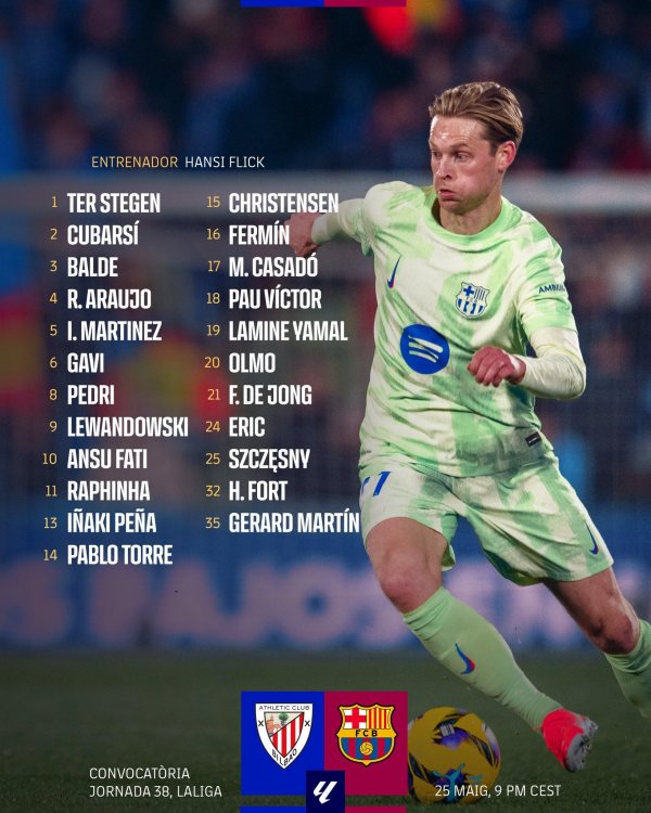 邦乾配倍 巴萨赛季末战毕巴大名单：莱万、亚马尔领衔，德容在列